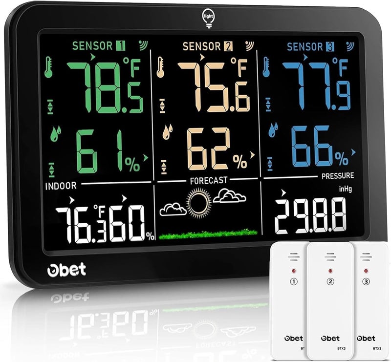 OBET Weather Station Wireless Indoor Outdoor Thermometer Wireless, Color Display Digital Temperature and Humidity Monitor with 3 Sensors, Alerts, Adjustable Backlight, USB Port (500 Feet) - Image 1